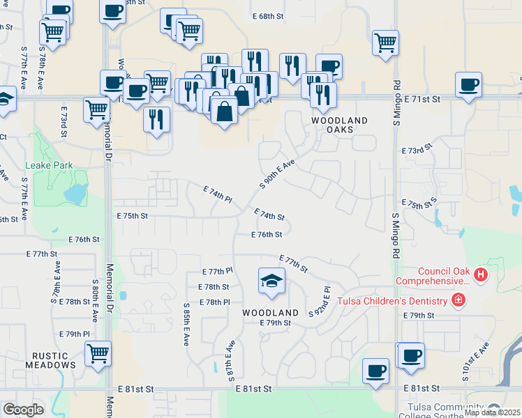 map of restaurants, bars, coffee shops, grocery stores, and more near 8809 East 74th Street in Tulsa