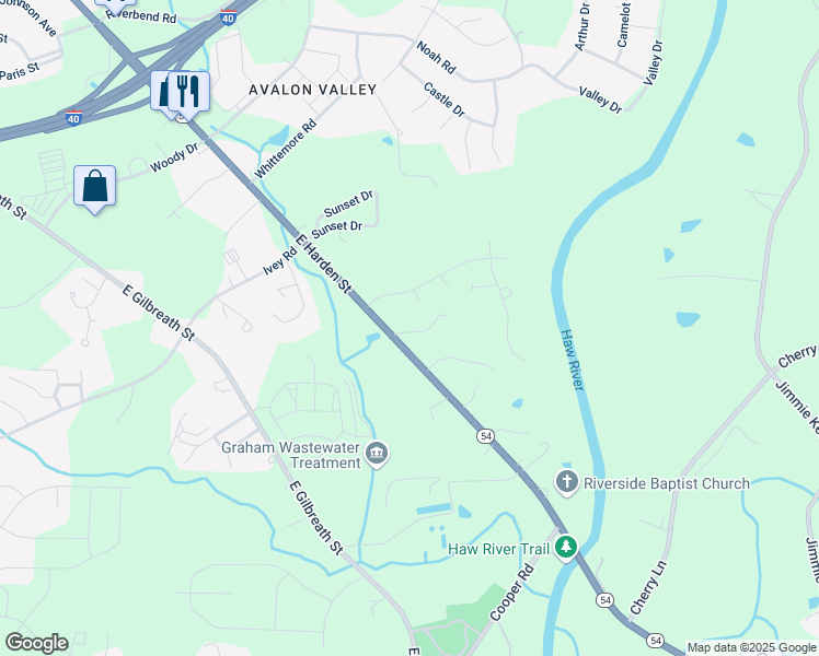map of restaurants, bars, coffee shops, grocery stores, and more near 1248 East Harden Street in Graham