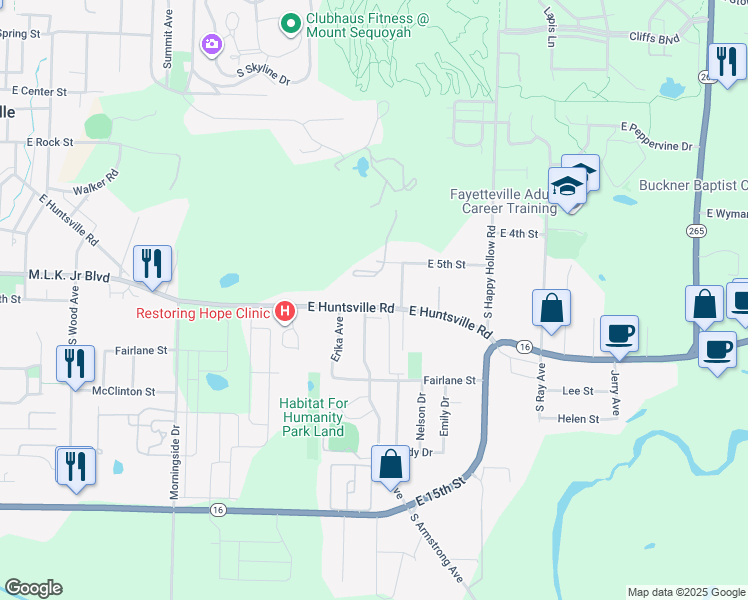 map of restaurants, bars, coffee shops, grocery stores, and more near 1428 East Huntsville Road in Fayetteville