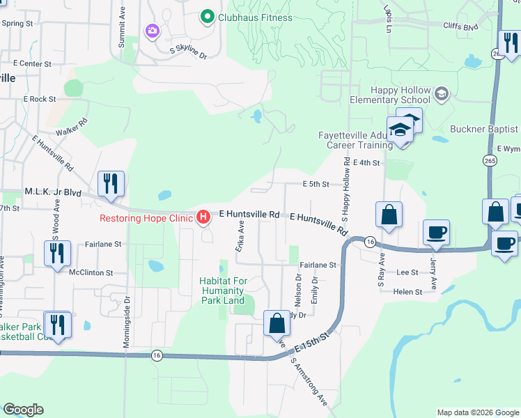 map of restaurants, bars, coffee shops, grocery stores, and more near 1428 East Huntsville Road in Fayetteville