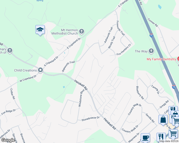 map of restaurants, bars, coffee shops, grocery stores, and more near 109 Yorkwood Lane in Powell