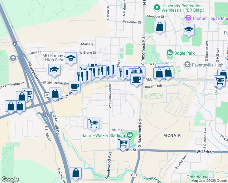 map of restaurants, bars, coffee shops, grocery stores, and more near 822 Beechwood Avenue in Fayetteville