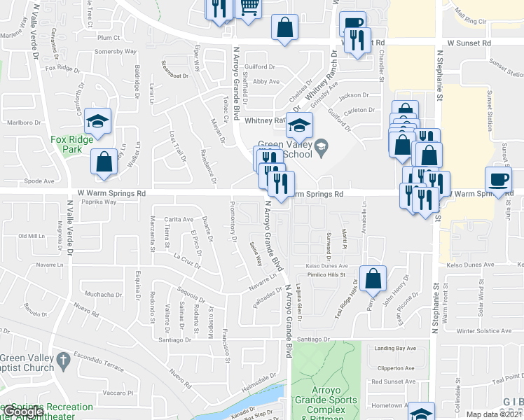 map of restaurants, bars, coffee shops, grocery stores, and more near 390 Rosado Springs Street in Henderson