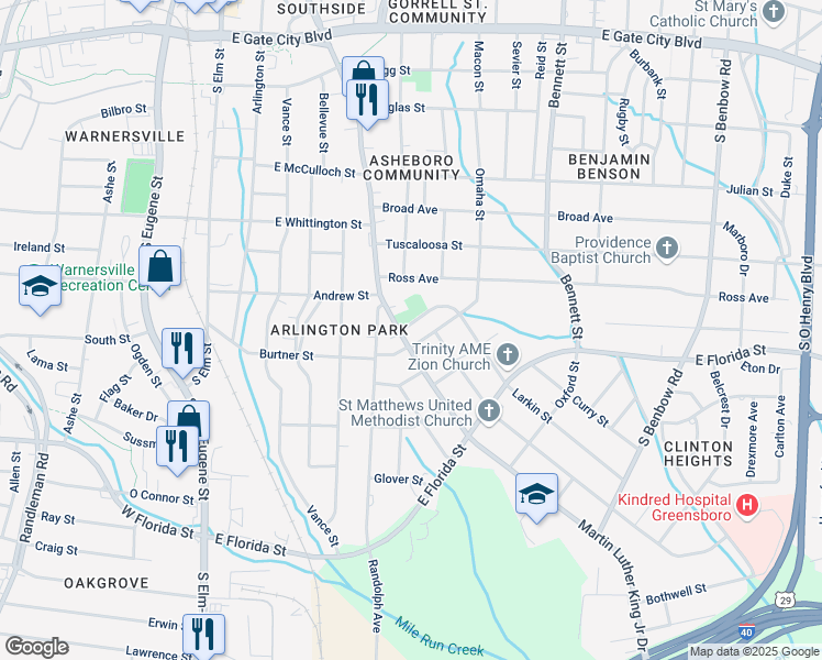 map of restaurants, bars, coffee shops, grocery stores, and more near 1225 Martin Luther King Junior Drive in Greensboro