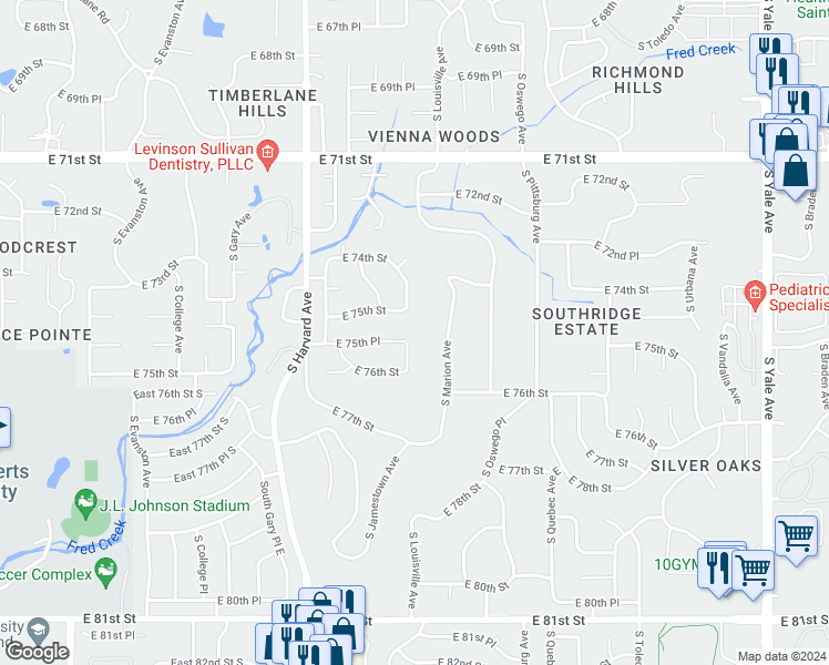 map of restaurants, bars, coffee shops, grocery stores, and more near 7503 South Knoxville Avenue in Tulsa