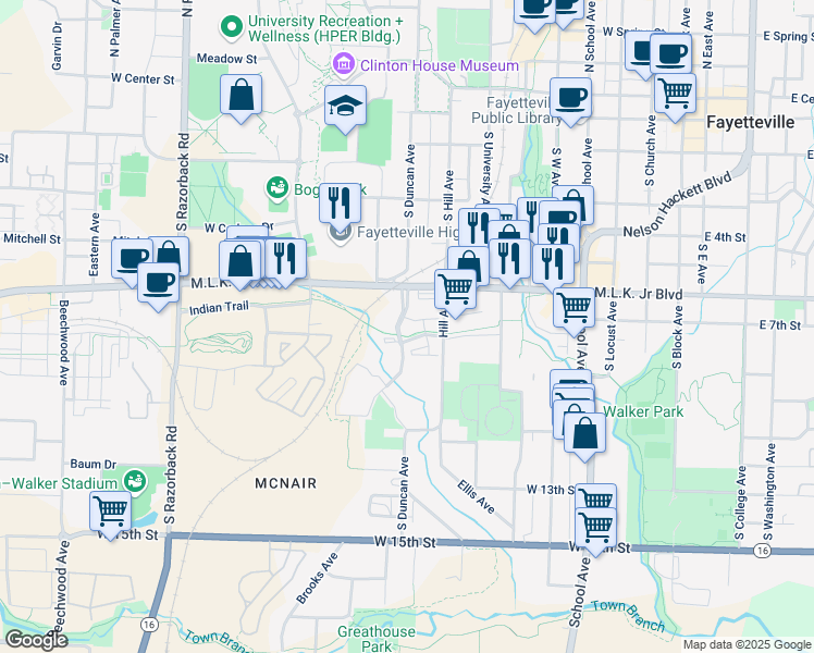map of restaurants, bars, coffee shops, grocery stores, and more near 754 South Royal Oaks Parkway in Fayetteville