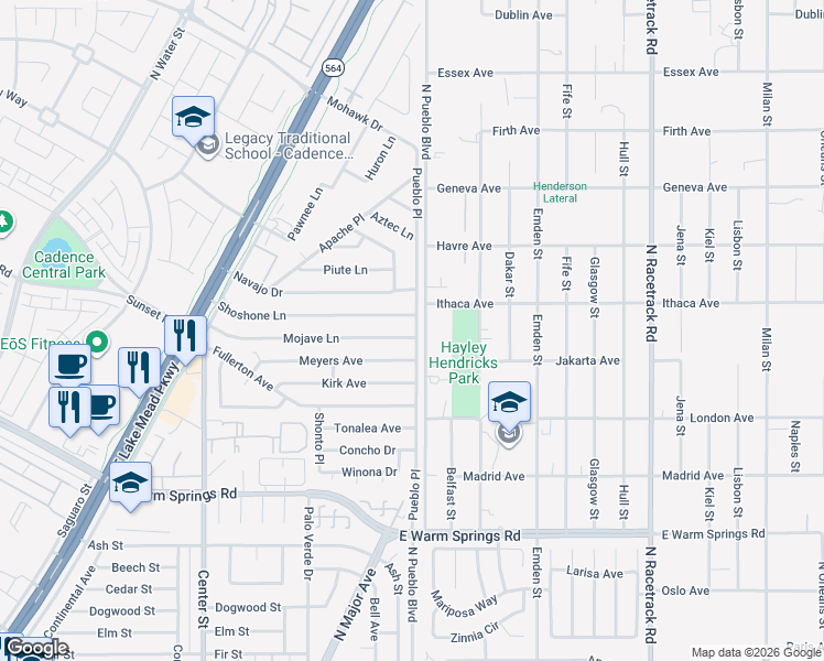 map of restaurants, bars, coffee shops, grocery stores, and more near 259 Mojave Lane in Henderson