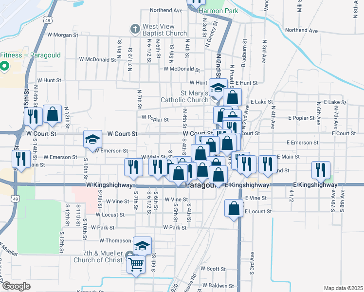 map of restaurants, bars, coffee shops, grocery stores, and more near 206 South 4th Street in Paragould
