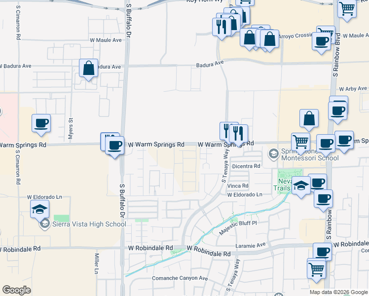 map of restaurants, bars, coffee shops, grocery stores, and more near 7550 Quail Rock Avenue in Las Vegas