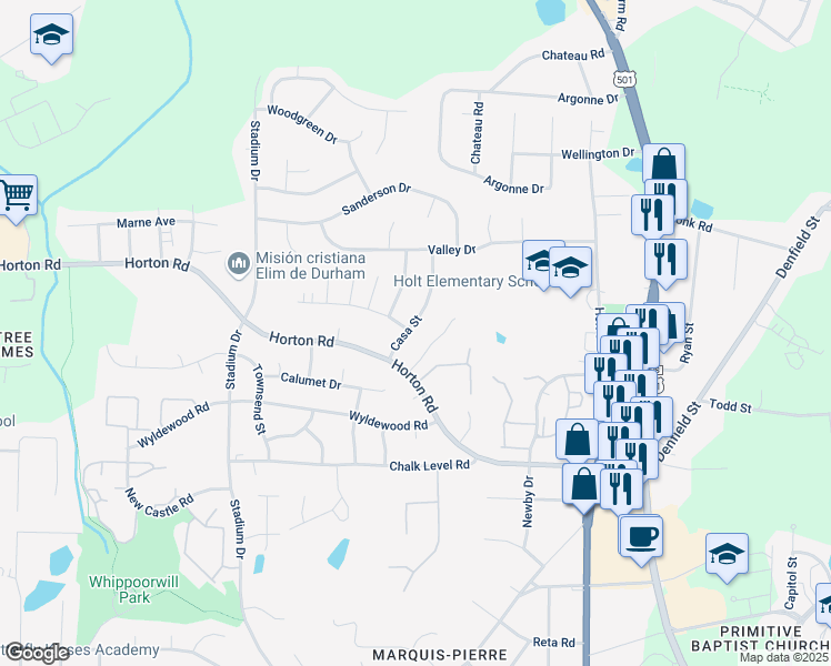 map of restaurants, bars, coffee shops, grocery stores, and more near 4016 Casa St in Durham