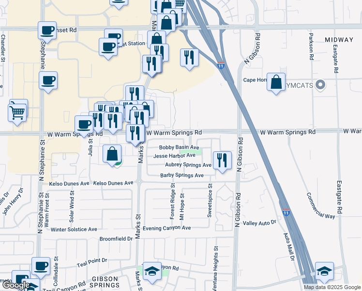 map of restaurants, bars, coffee shops, grocery stores, and more near 385 Layla Bay Street in Henderson