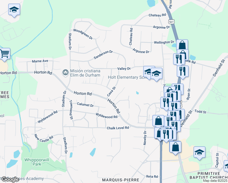 map of restaurants, bars, coffee shops, grocery stores, and more near 4016 Casa St in Durham