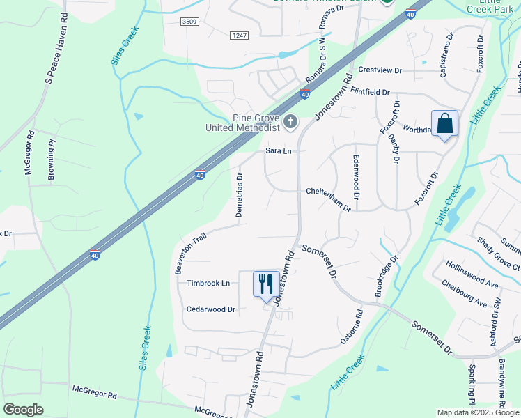 map of restaurants, bars, coffee shops, grocery stores, and more near 1216 Bucklebury Court in Winston-Salem