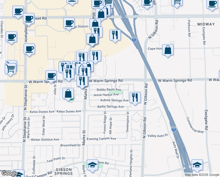 map of restaurants, bars, coffee shops, grocery stores, and more near 385 Layla Bay Street in Henderson