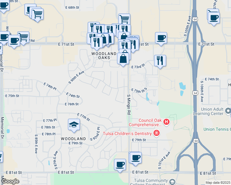 map of restaurants, bars, coffee shops, grocery stores, and more near 7511 South 94th East Avenue in Tulsa