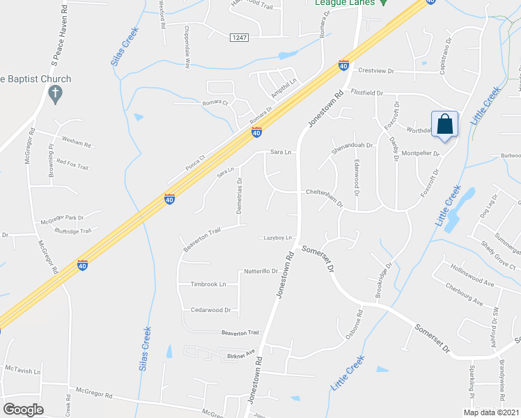 map of restaurants, bars, coffee shops, grocery stores, and more near 1216 Bucklebury Court in Winston-Salem