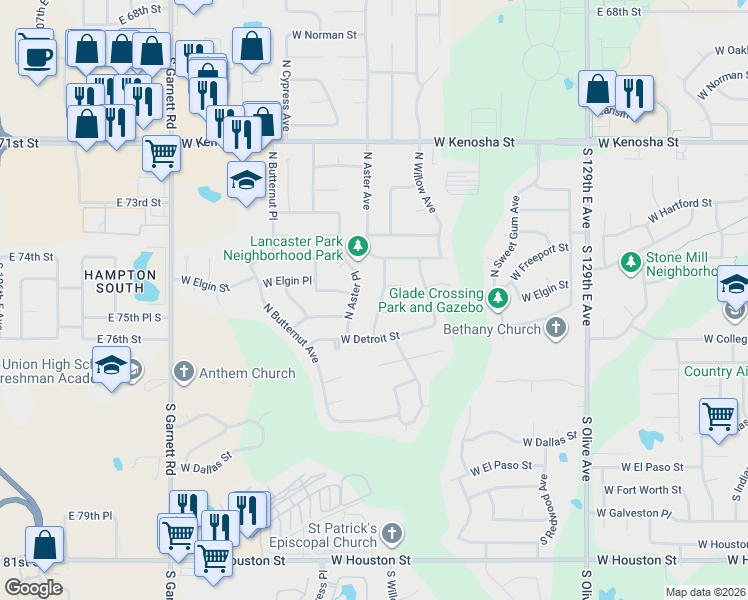 map of restaurants, bars, coffee shops, grocery stores, and more near 324 North Aster Avenue in Broken Arrow