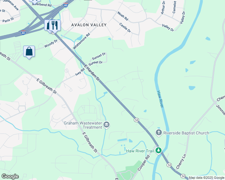 map of restaurants, bars, coffee shops, grocery stores, and more near 1248 East Harden Street in Graham