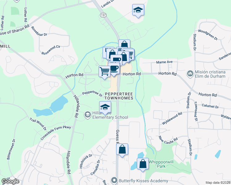map of restaurants, bars, coffee shops, grocery stores, and more near 23 Peppertree Street in Durham