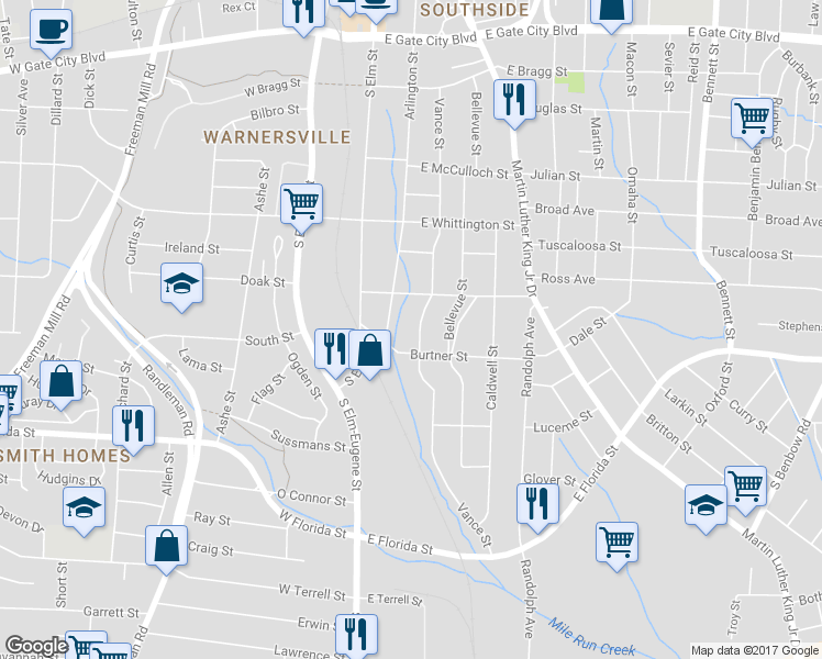 map of restaurants, bars, coffee shops, grocery stores, and more near 1214 Vance Street in Greensboro