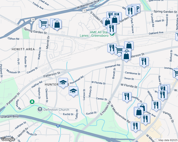 map of restaurants, bars, coffee shops, grocery stores, and more near 3304 Immanuel Road in Greensboro