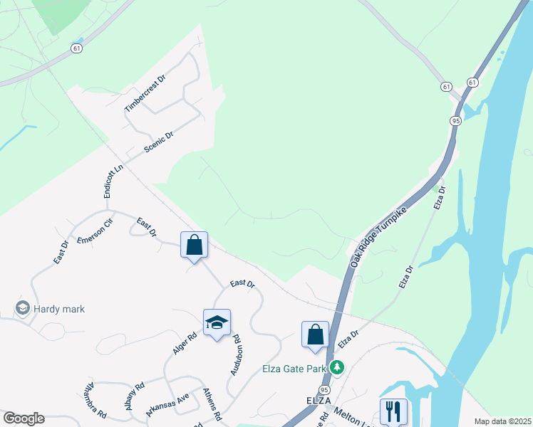 map of restaurants, bars, coffee shops, grocery stores, and more near 122 Lake Hills Drive in Oak Ridge