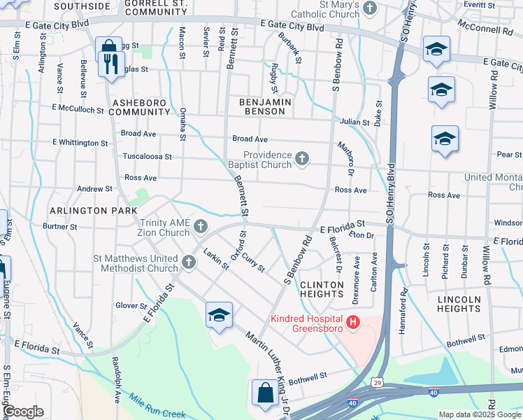 map of restaurants, bars, coffee shops, grocery stores, and more near 6 Stephens Street in Greensboro