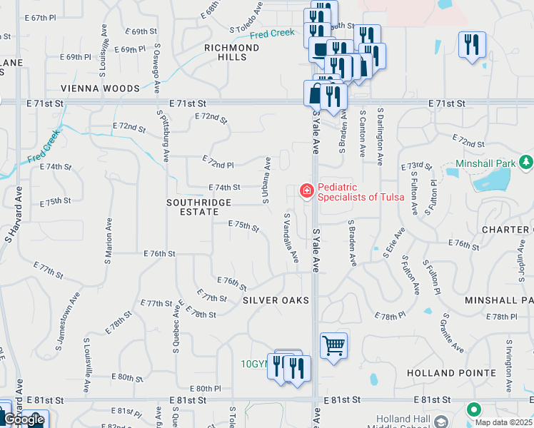 map of restaurants, bars, coffee shops, grocery stores, and more near 7434 South Urbana Avenue in Tulsa