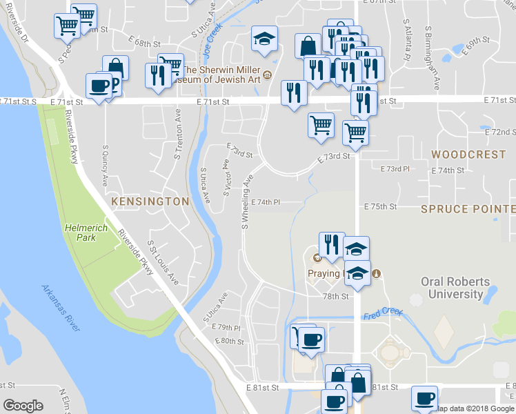 map of restaurants, bars, coffee shops, grocery stores, and more near 1934 East 74th Place in Tulsa