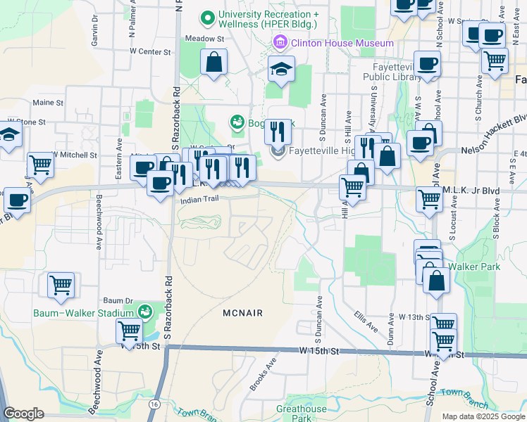 map of restaurants, bars, coffee shops, grocery stores, and more near 922 South Stadium Drive in Fayetteville