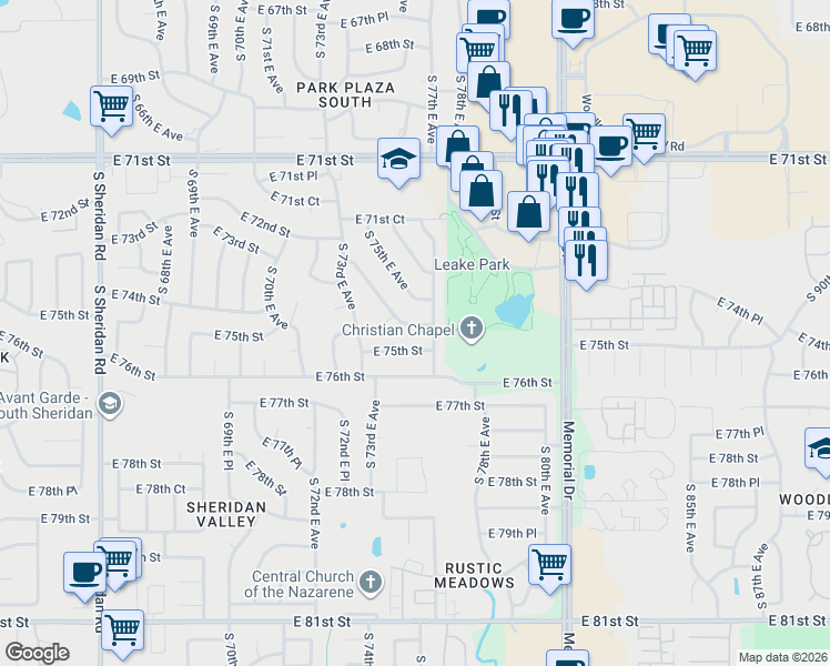 map of restaurants, bars, coffee shops, grocery stores, and more near 7416 East 74th Street in Tulsa