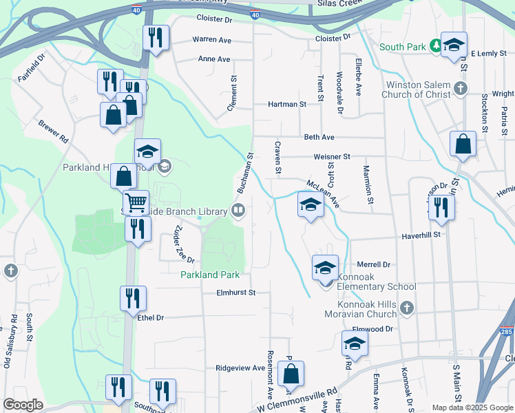 map of restaurants, bars, coffee shops, grocery stores, and more near 3021 Fleet Street in Winston-Salem