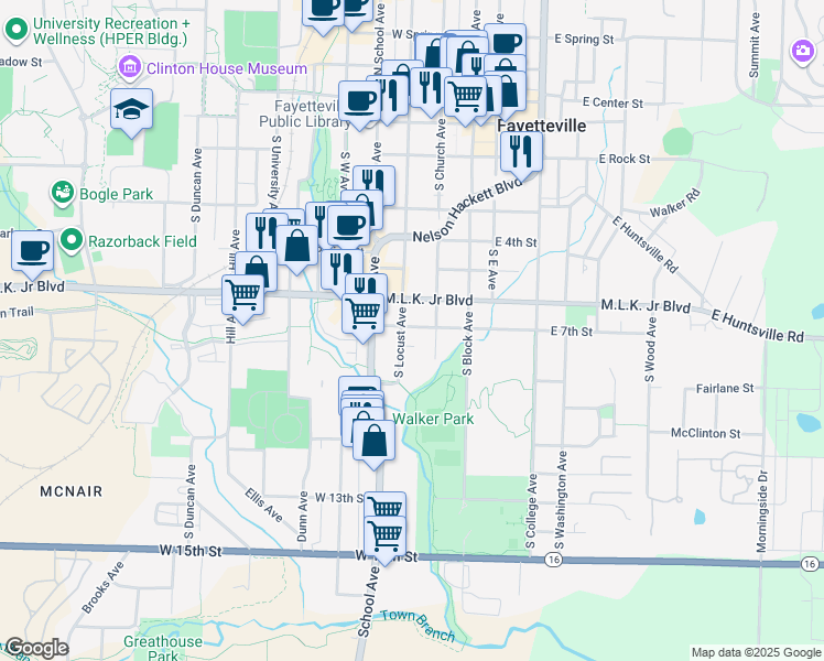map of restaurants, bars, coffee shops, grocery stores, and more near 235 West 7th Street in Fayetteville