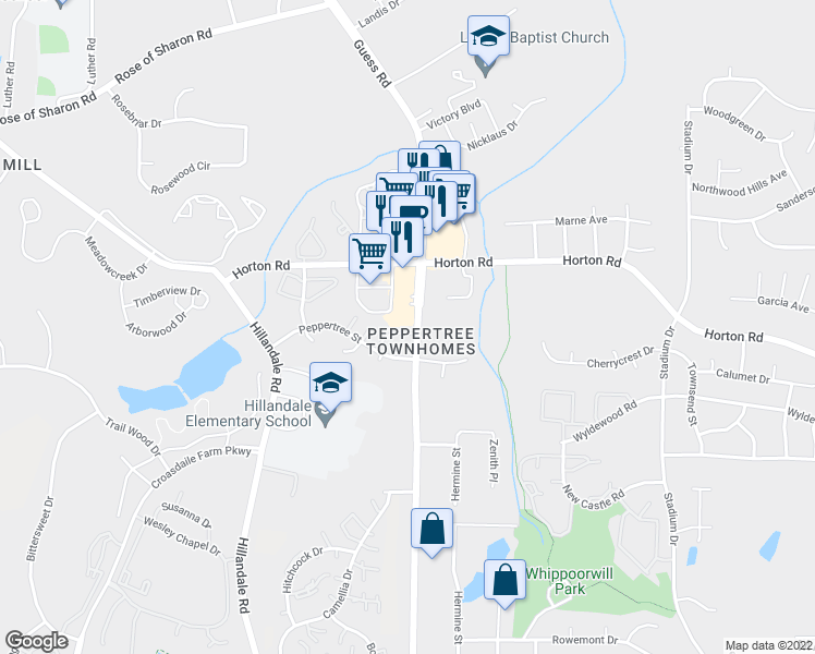 map of restaurants, bars, coffee shops, grocery stores, and more near 23 Peppertree Street in Durham