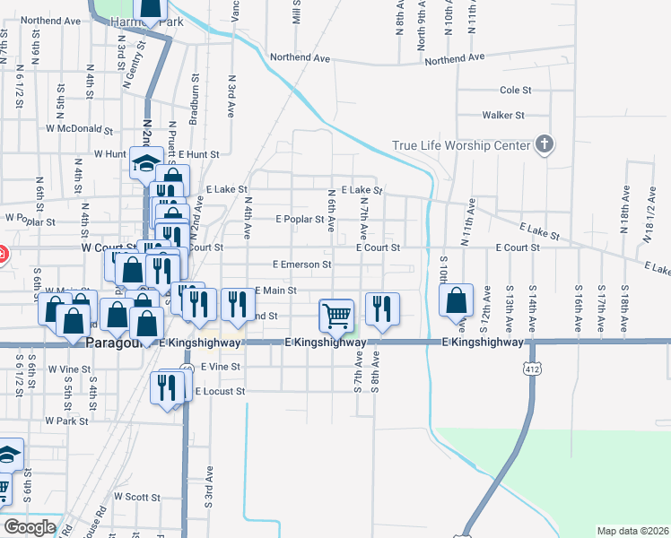 map of restaurants, bars, coffee shops, grocery stores, and more near 534 East Emerson Street in Paragould
