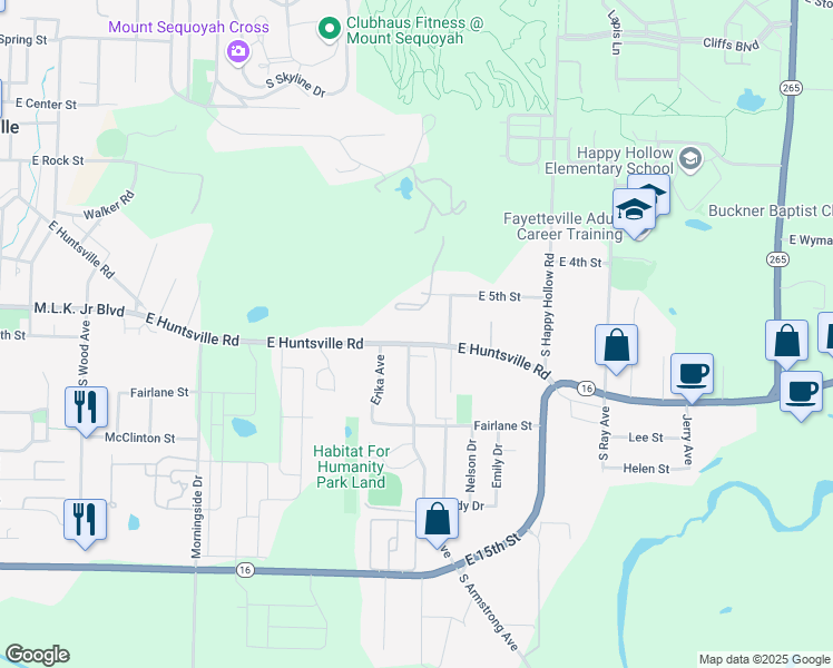 map of restaurants, bars, coffee shops, grocery stores, and more near 1428 East Huntsville Road in Fayetteville