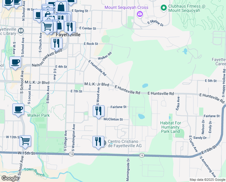 map of restaurants, bars, coffee shops, grocery stores, and more near 501-599 East Miracle Drive in Fayetteville
