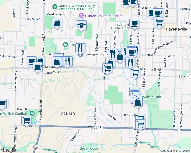 map of restaurants, bars, coffee shops, grocery stores, and more near 754 South Royal Oaks Parkway in Fayetteville