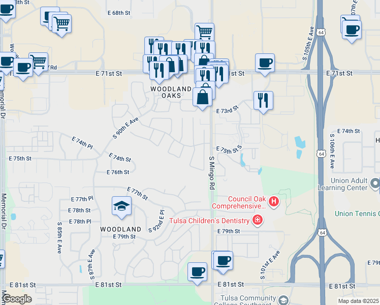 map of restaurants, bars, coffee shops, grocery stores, and more near 7511 South 94th East Avenue in Tulsa