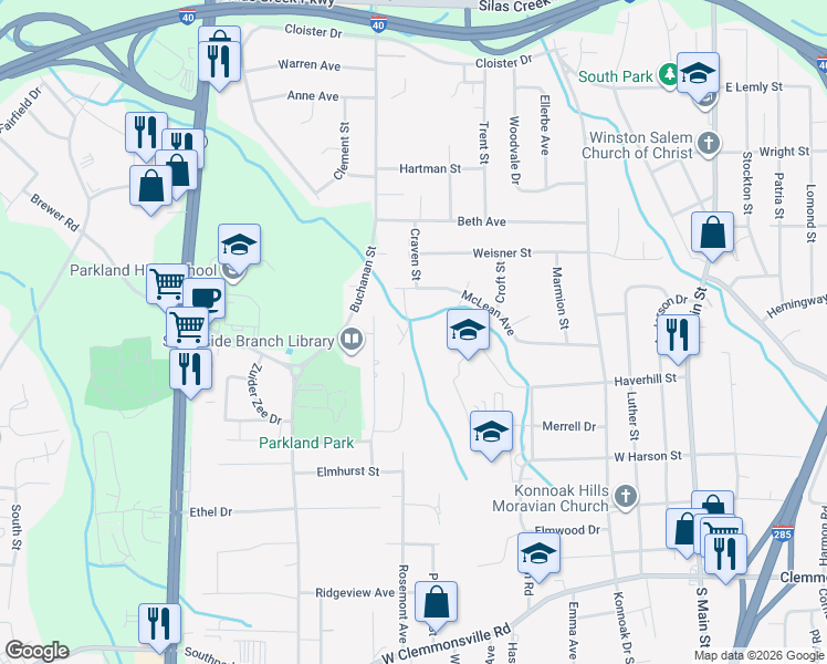 map of restaurants, bars, coffee shops, grocery stores, and more near 3125 Russell Way Lane in Winston-Salem