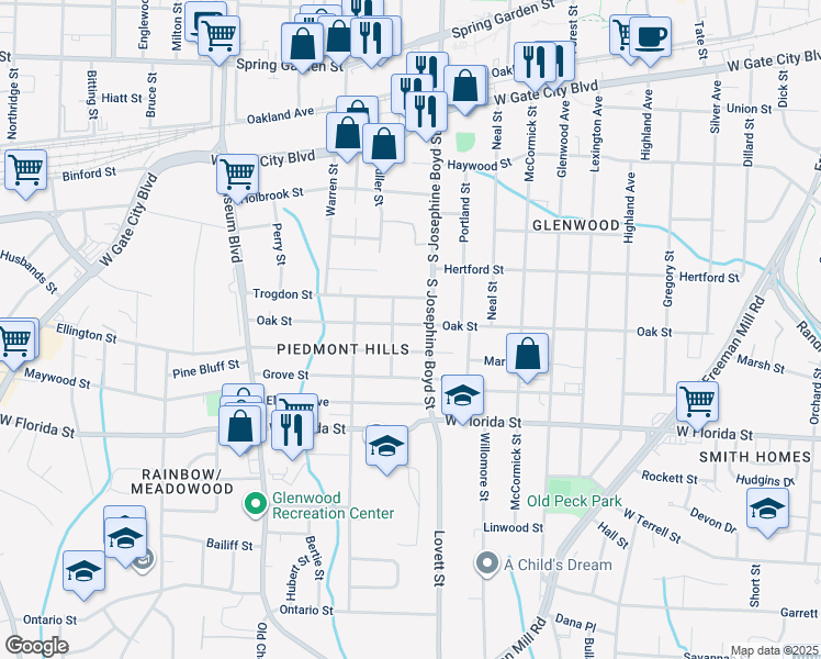 map of restaurants, bars, coffee shops, grocery stores, and more near 1509 Oak Street in Greensboro