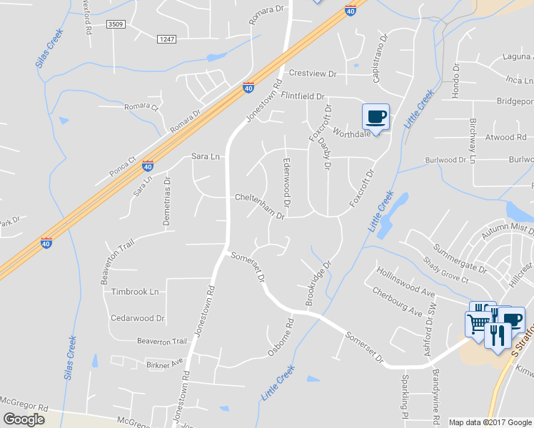 map of restaurants, bars, coffee shops, grocery stores, and more near 1200 Cedarline Lane in Winston-Salem
