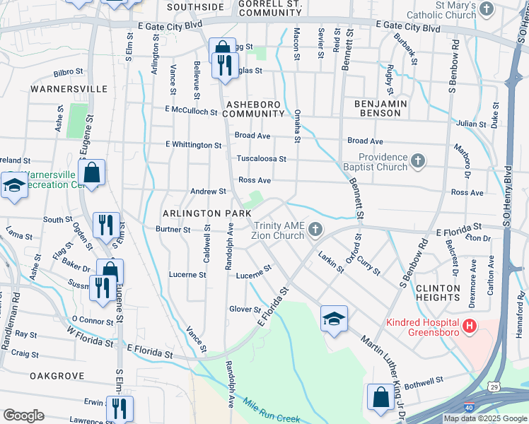 map of restaurants, bars, coffee shops, grocery stores, and more near 715 Dale Street in Greensboro