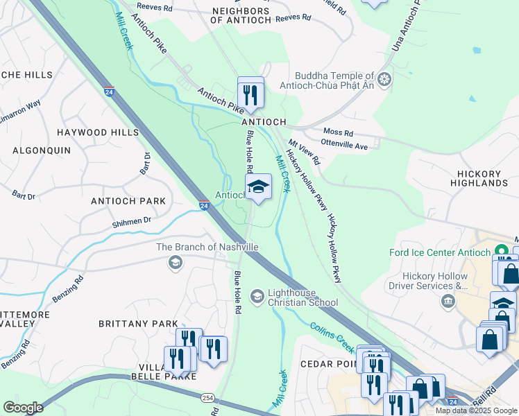 map of restaurants, bars, coffee shops, grocery stores, and more near 5050 Blue Hole Road in Nashville