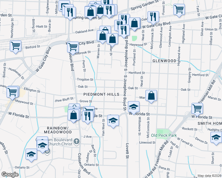map of restaurants, bars, coffee shops, grocery stores, and more near 1611 Oak Street in Greensboro
