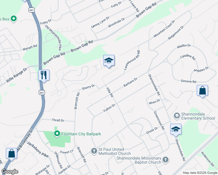 map of restaurants, bars, coffee shops, grocery stores, and more near 5805 Villa Road in Knoxville
