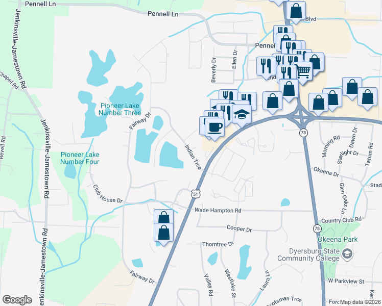 map of restaurants, bars, coffee shops, grocery stores, and more near 2153 Apache Cove in Dyersburg