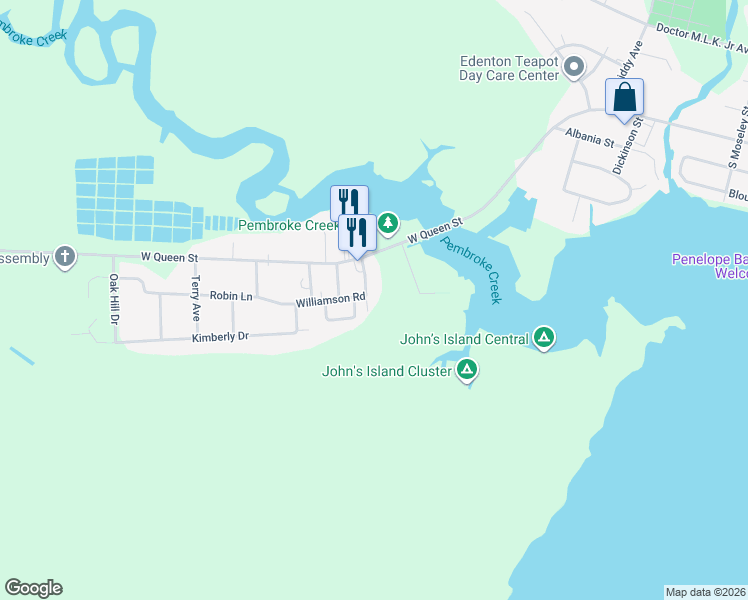 map of restaurants, bars, coffee shops, grocery stores, and more near 113 Leigh Street in Edenton
