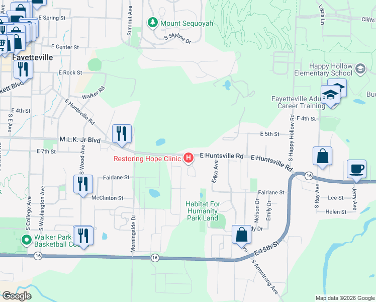 map of restaurants, bars, coffee shops, grocery stores, and more near 1030 East Huntsville Road in Fayetteville