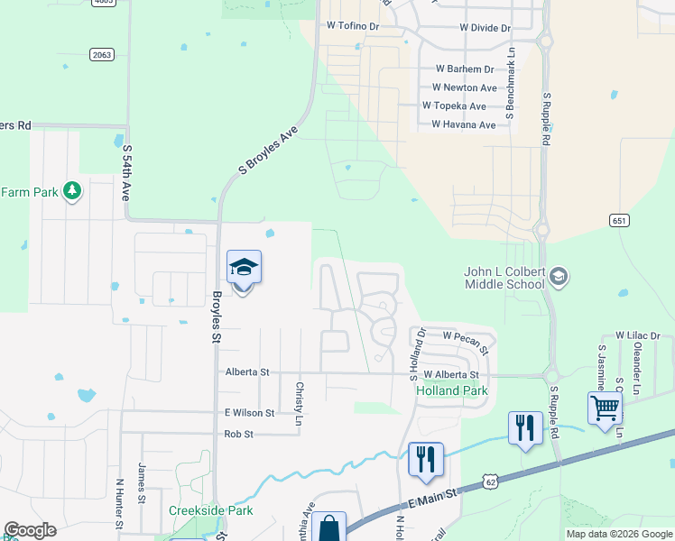map of restaurants, bars, coffee shops, grocery stores, and more near 5042 West Claxton Circle in Fayetteville